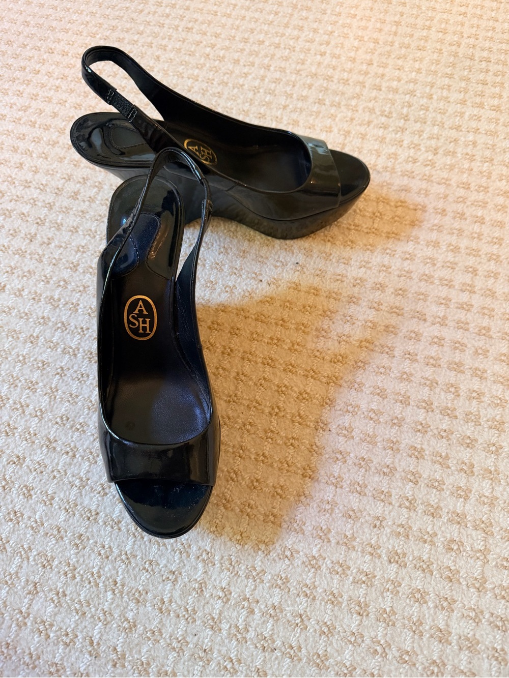 Ash Black Patent Open-Toe Slingback Wedge Sandals